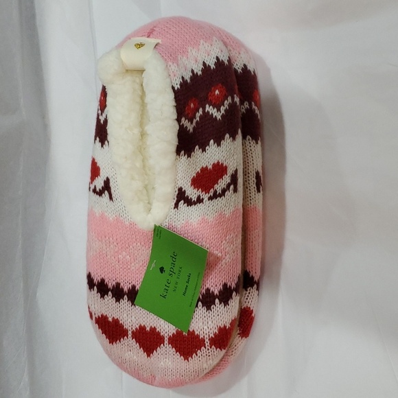 Kate Spade pink red argyle look shearling lined footlet house home socks new OS - Picture 5 of 8